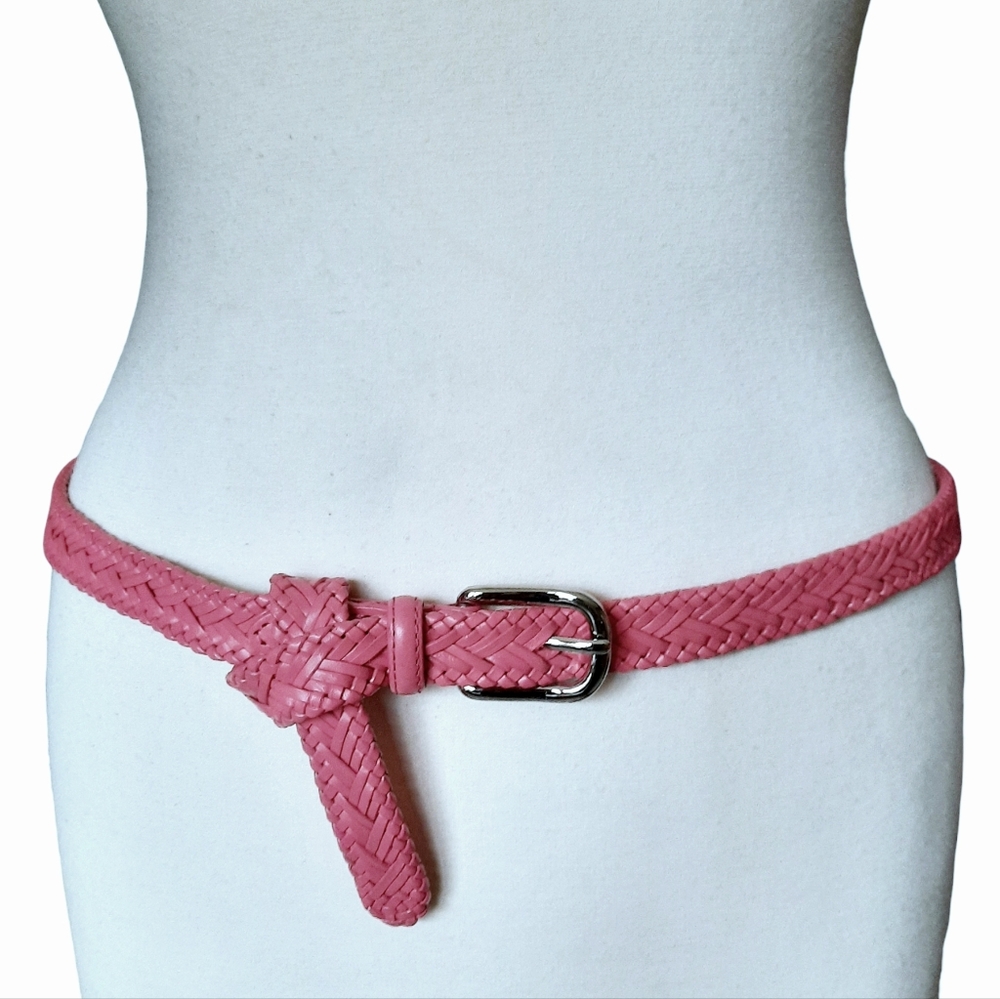 TALBOTS Braided Leather Skinny Belt w/Silver Buckle Pink Sz O/S